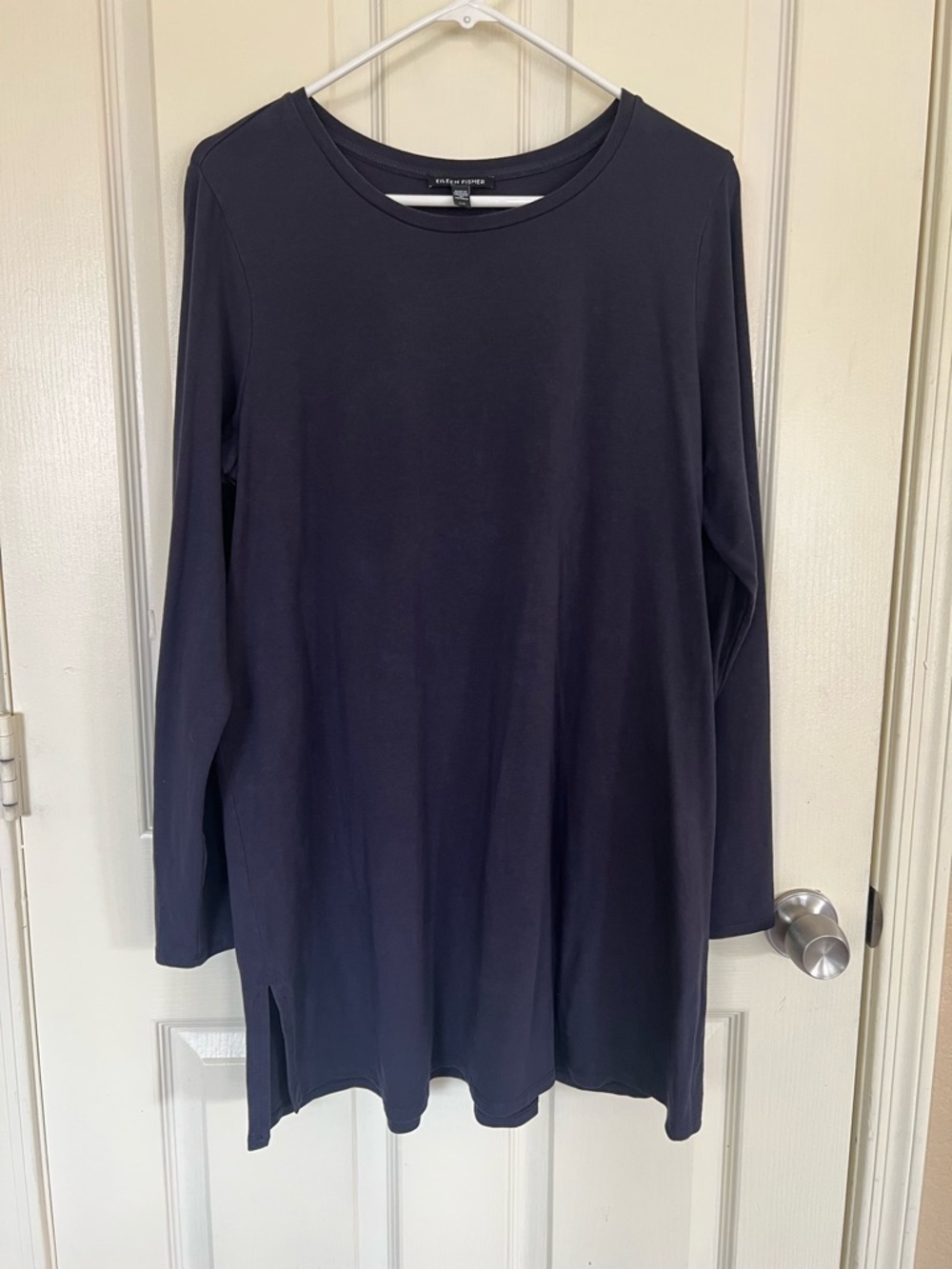 Eileen Fisher Dark Grey Tencel Tunic Top Large Long Sleeve Minimalist Side Slit